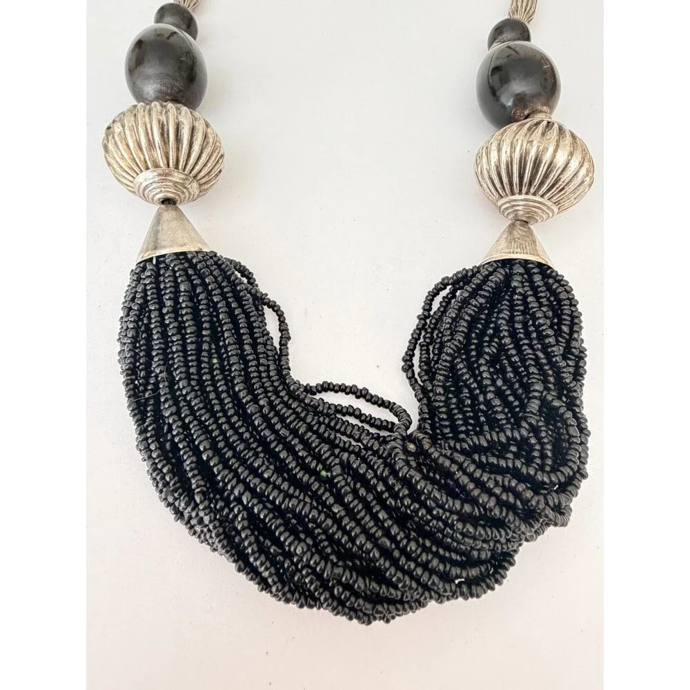 Vintage Silver Tone & Black Multi-Strand Seed Bead Bib Statement Necklace